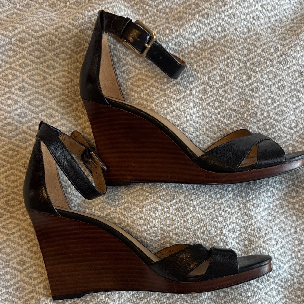 Nine West Black Leather Ankle-Strap Wedge Sandals with Wood-Tone Heel